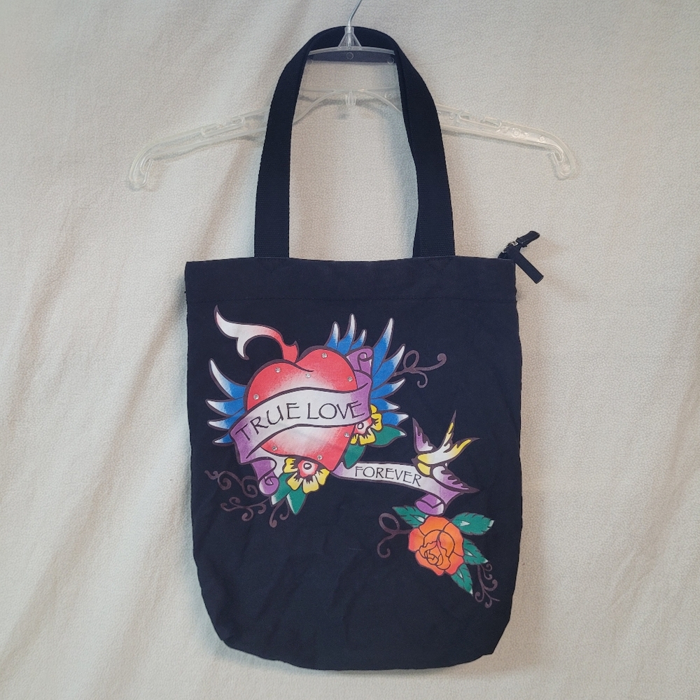 Black Tote Bag with Heart and Floral Design-True Love Forever